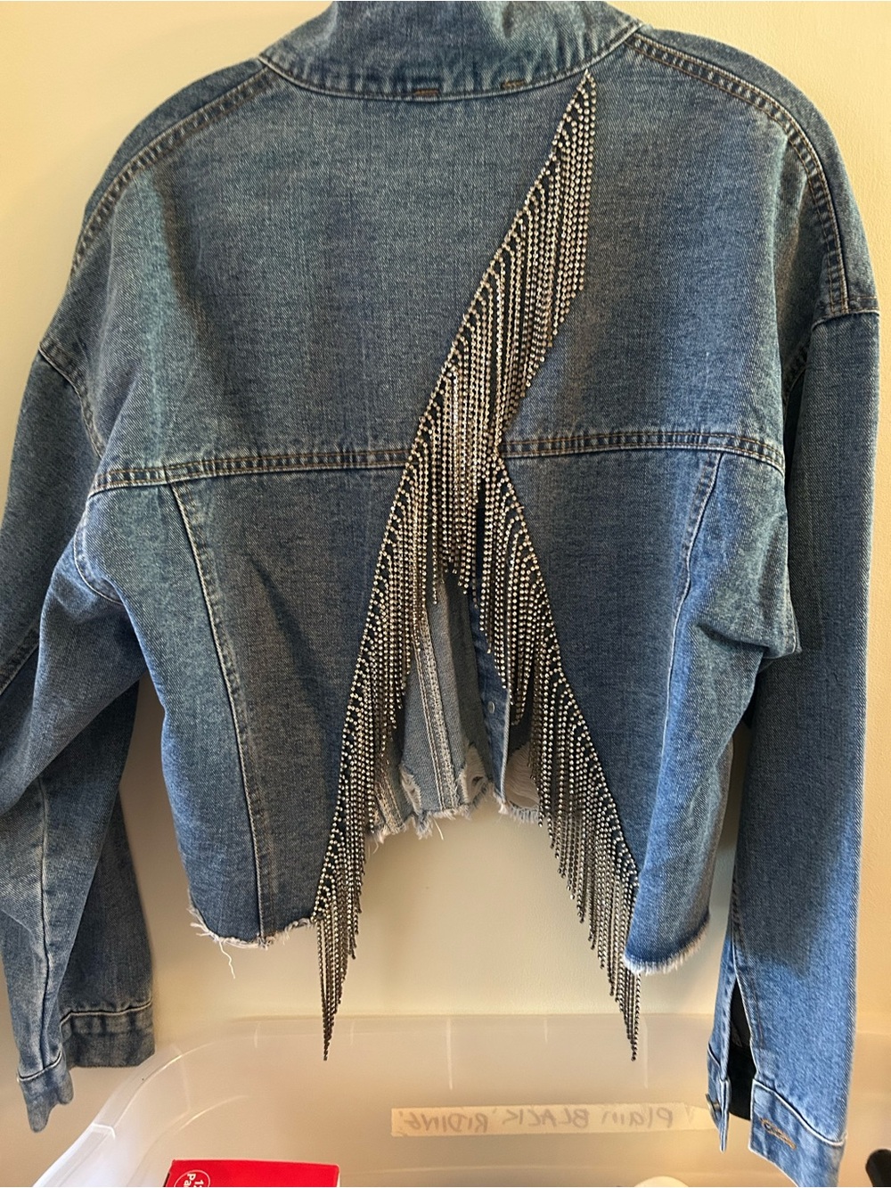 Rhinestone Fringe Cropped Blue Denim Jacket